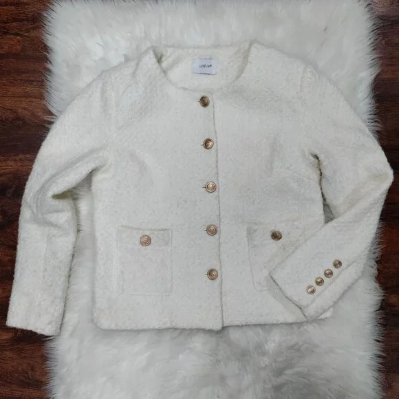Luxelim Ivory Classic Boucle Wool Tweed Gold Tone Buttons Cropped Jacket Size XS - Picture 2 of 14
